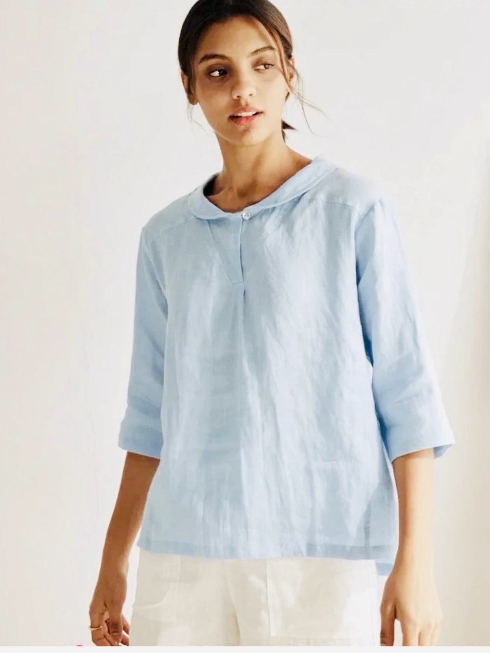 LINTICO OTTILIE 100% Linen Asymmetric Collar Inverted Pleat Top Light Blue XL